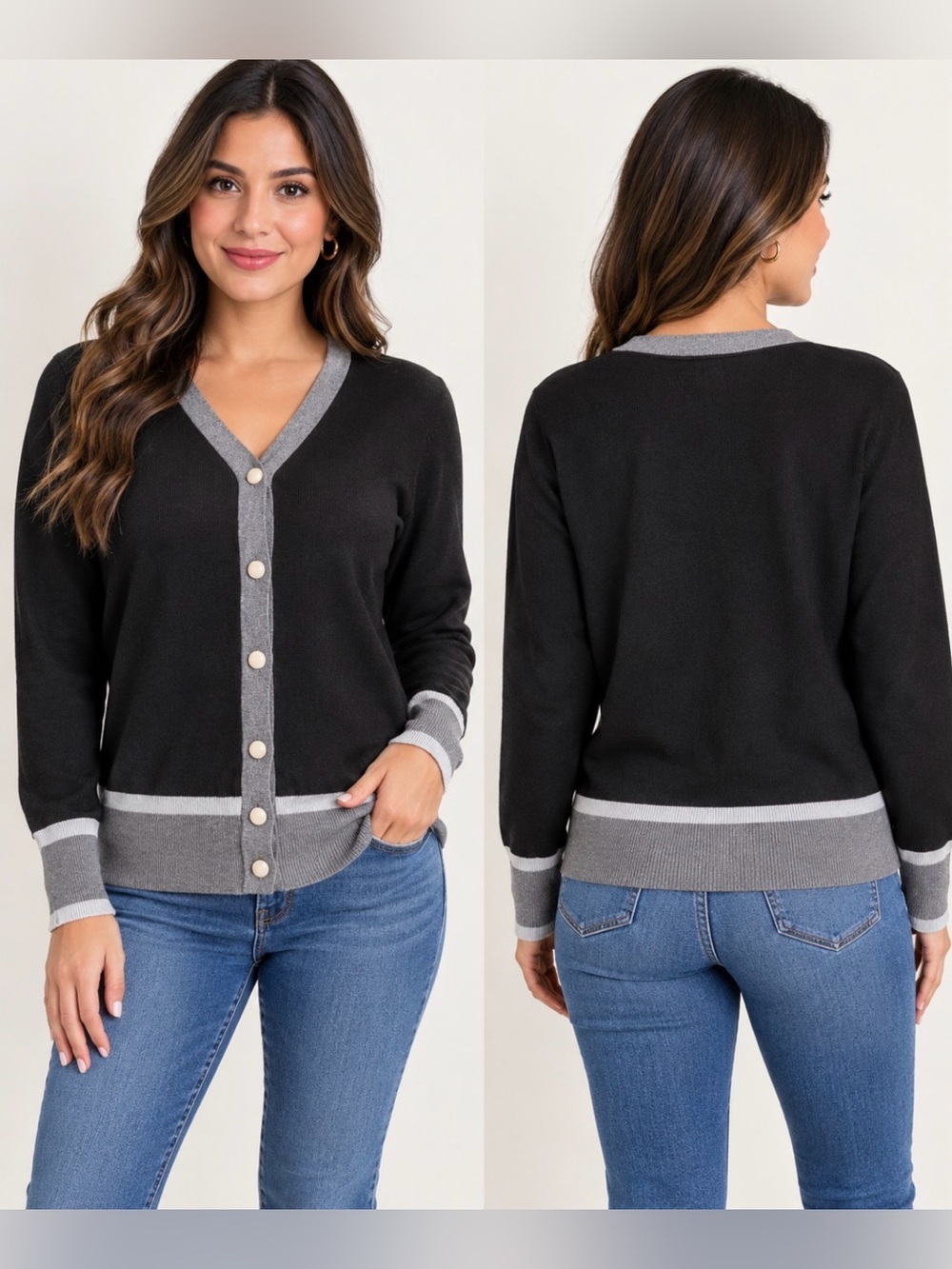 Grace Karin Black V-Neck Button Cardigan with Gray Trim Size M